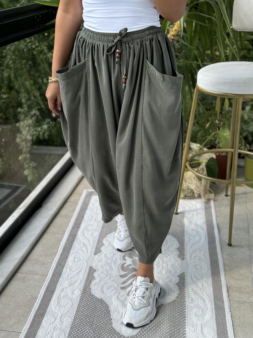 Önden Cepli Şalvar Pantolon Haki Yeşili