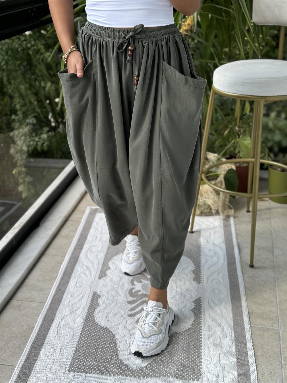 Önden Cepli Şalvar Pantolon Haki Yeşili