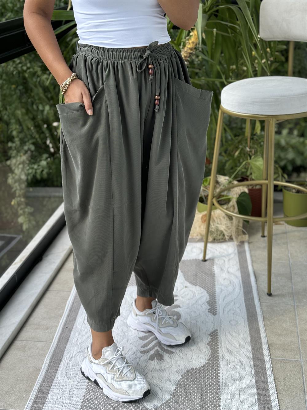 Önden Cepli Şalvar Pantolon Haki Yeşili