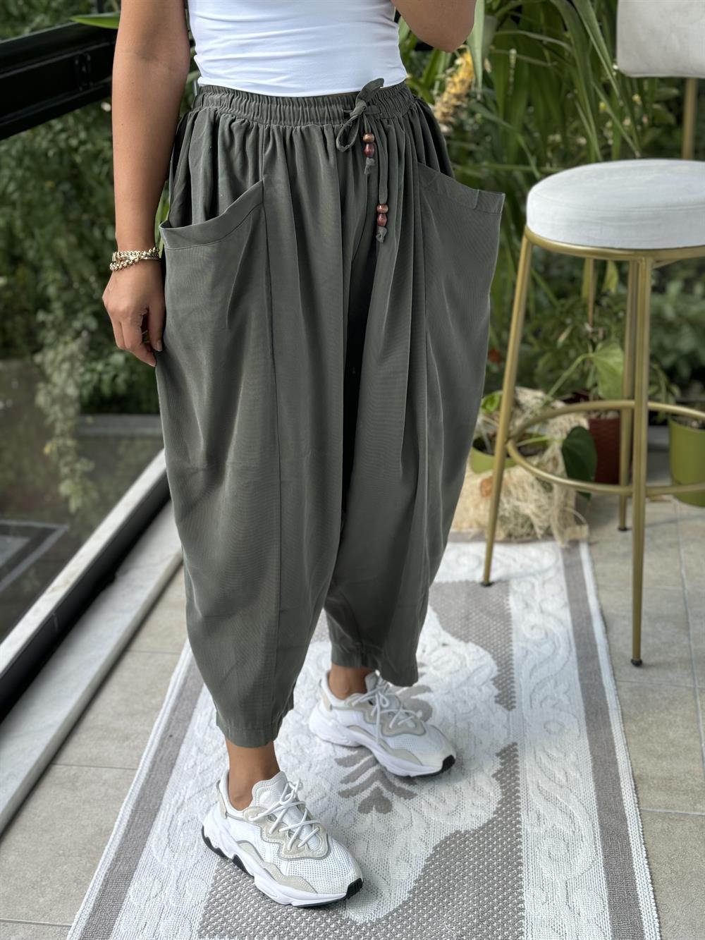 Önden Cepli Şalvar Pantolon Haki Yeşili