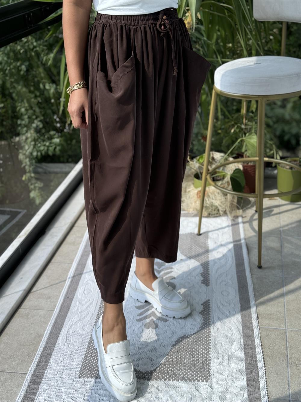 Önden Cepli Şalvar Pantolon Kahve