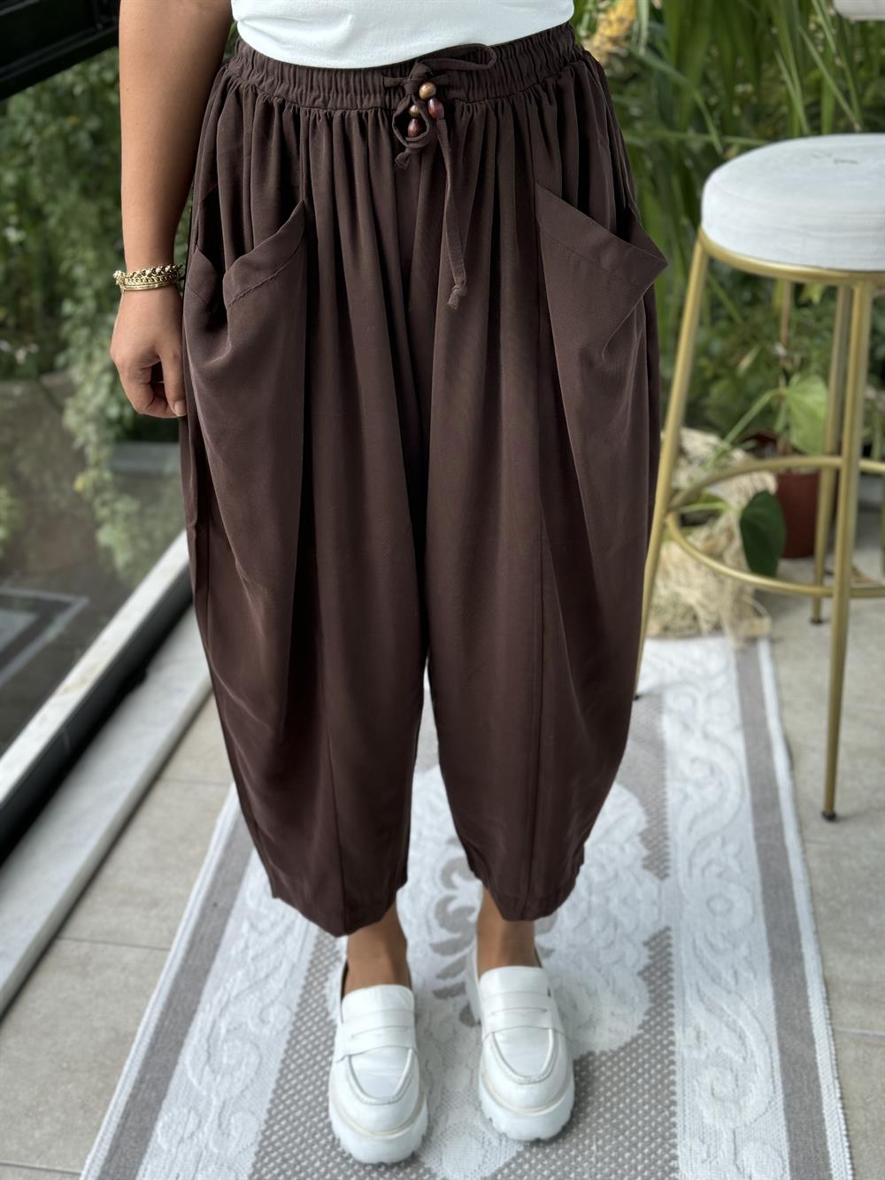 Önden Cepli Şalvar Pantolon Kahve