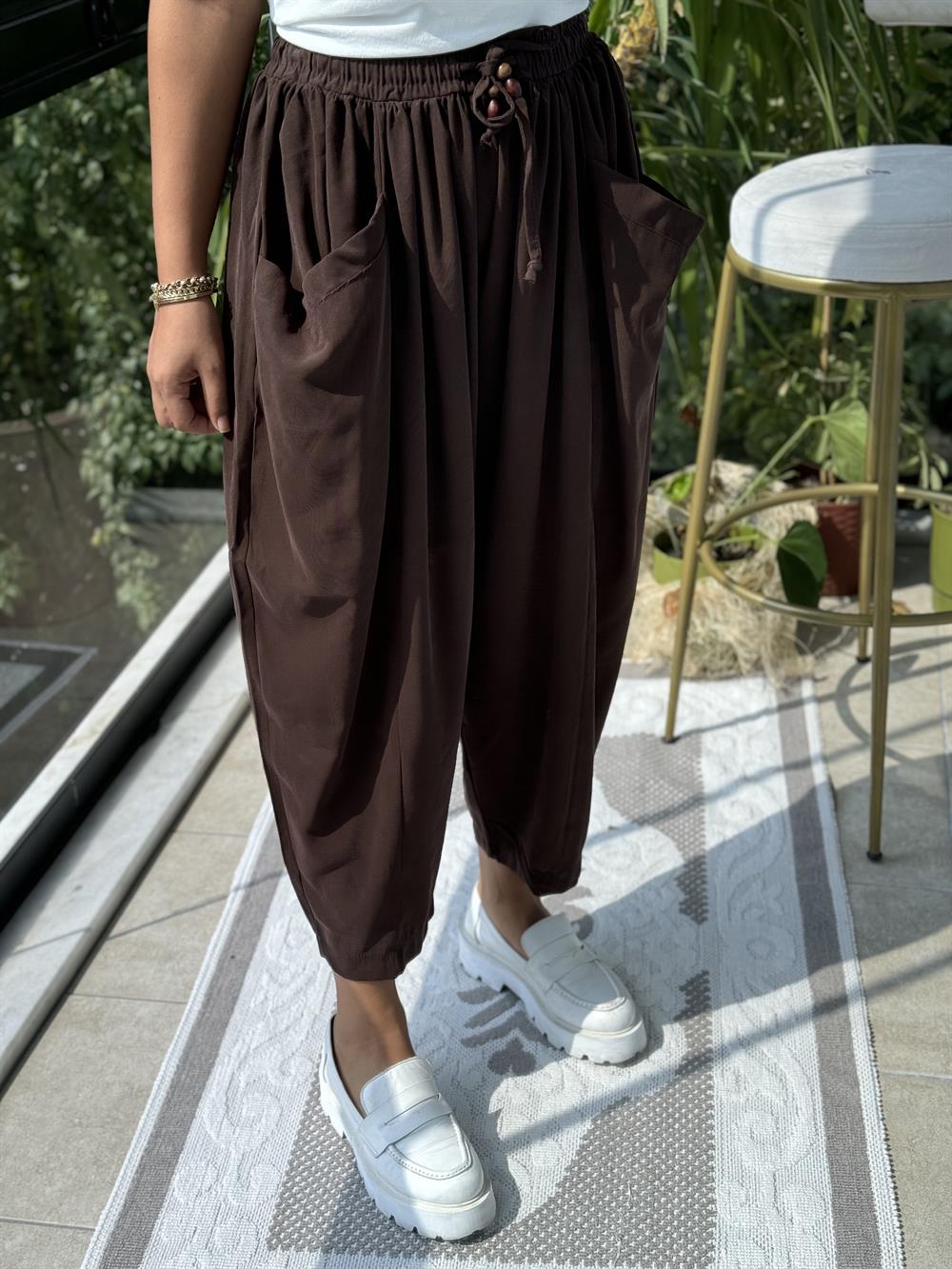 Önden Cepli Şalvar Pantolon Kahve