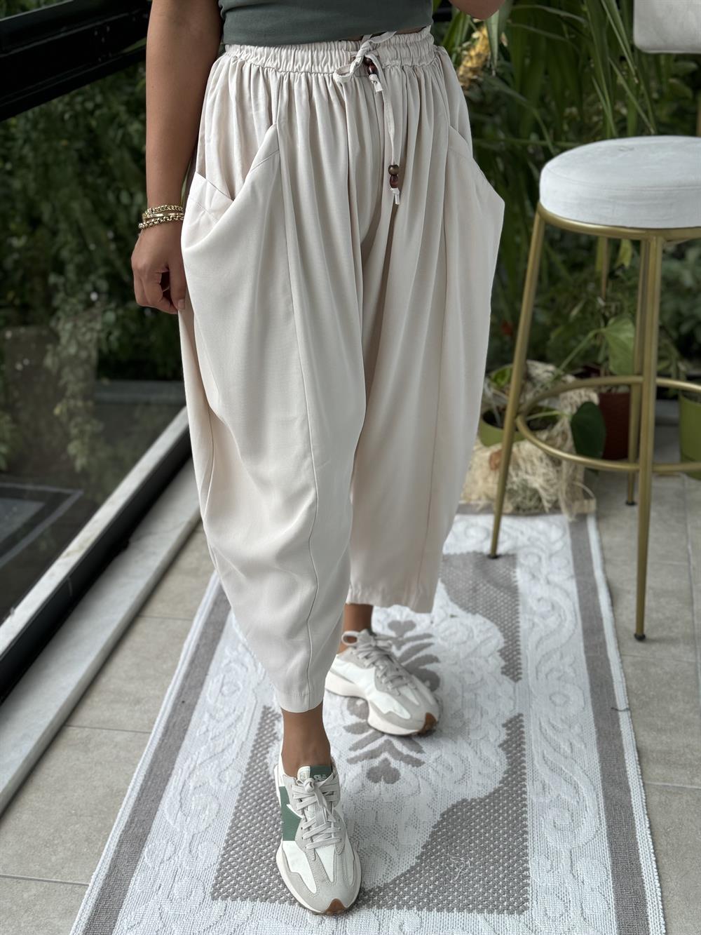 Önden Cepli Şalvar Pantolon Taş