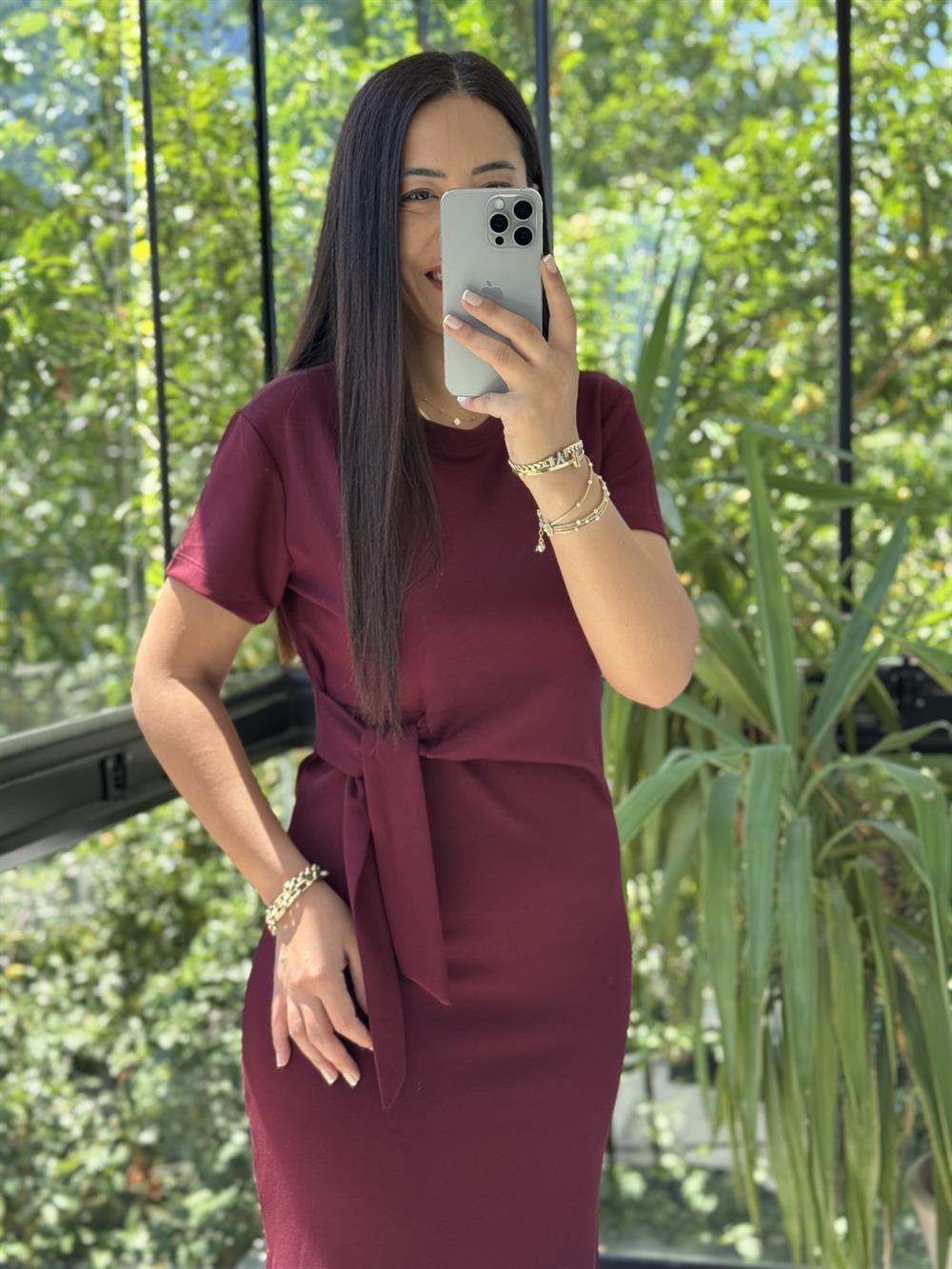 Önü Bağlama Detaylı Modal Elbise Bordo