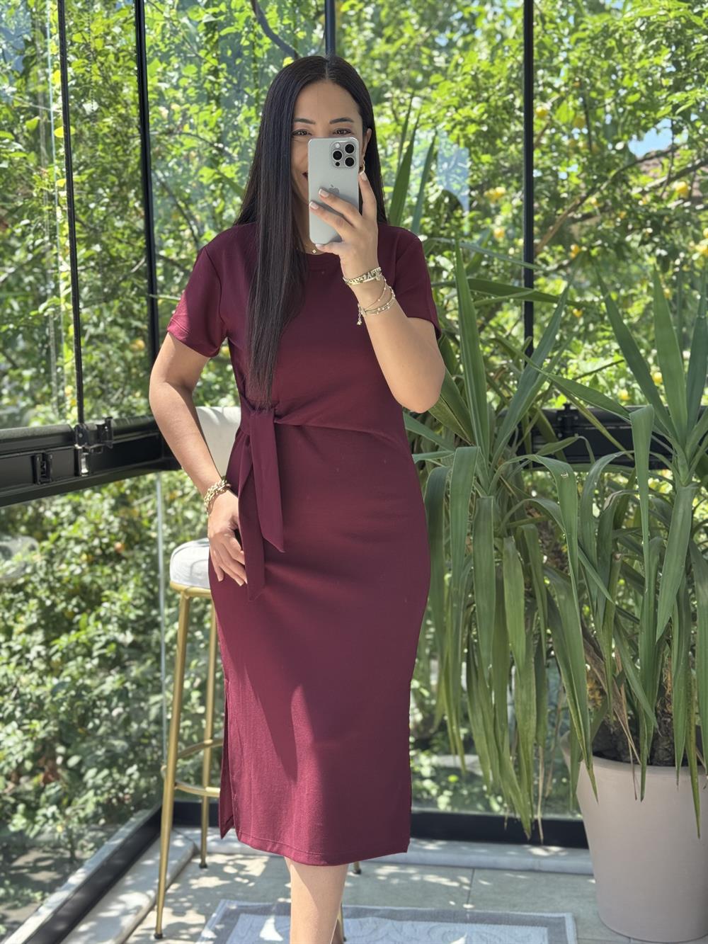 Önü Bağlama Detaylı Modal Elbise Bordo