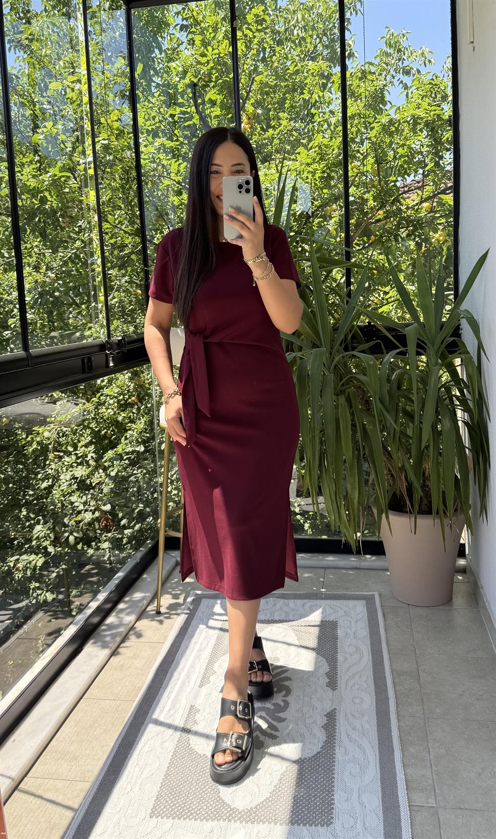 Önü Bağlama Detaylı Modal Elbise Bordo