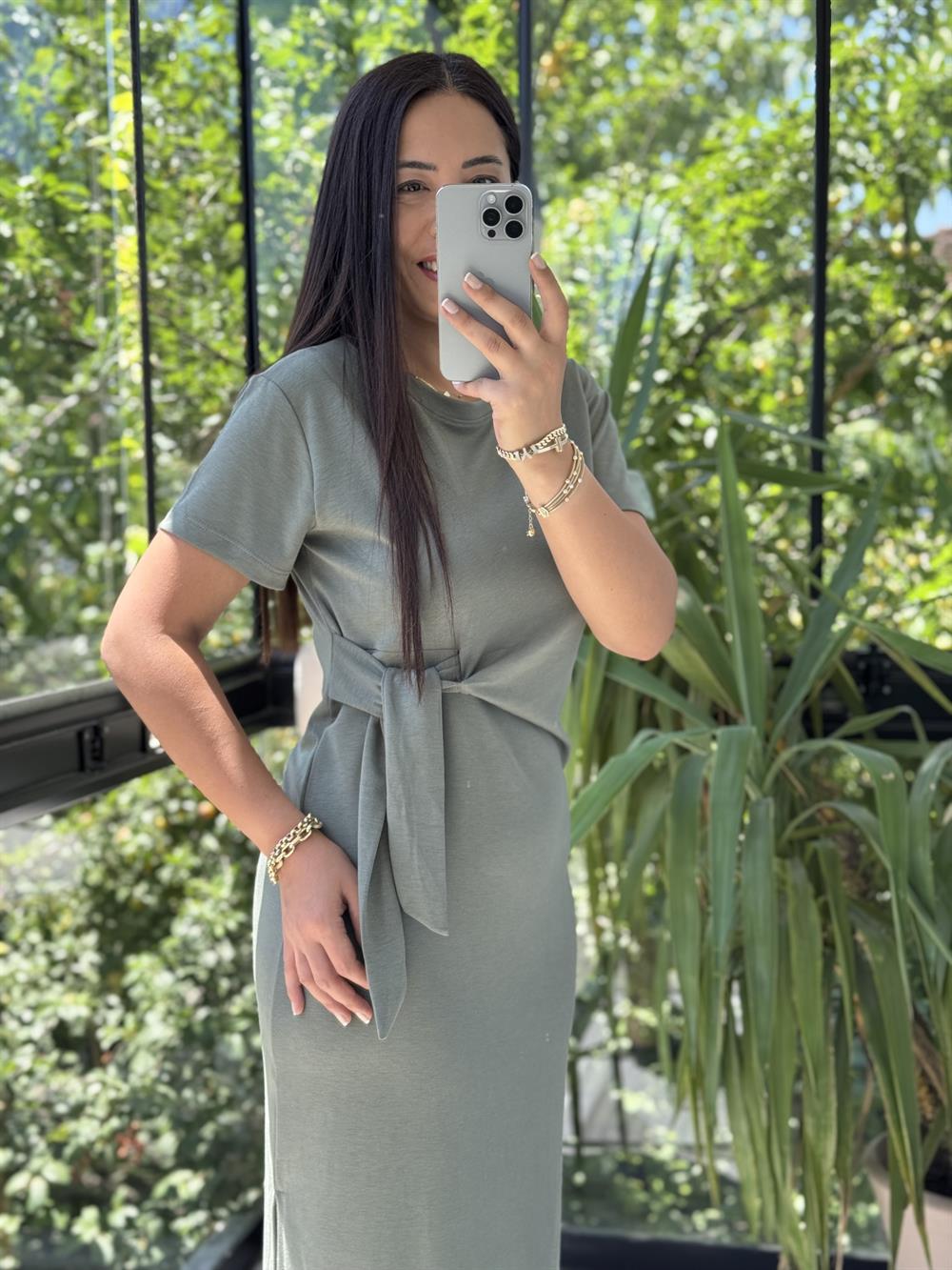 Önü Bağlama Detaylı Modal Elbise Haki Yeşili