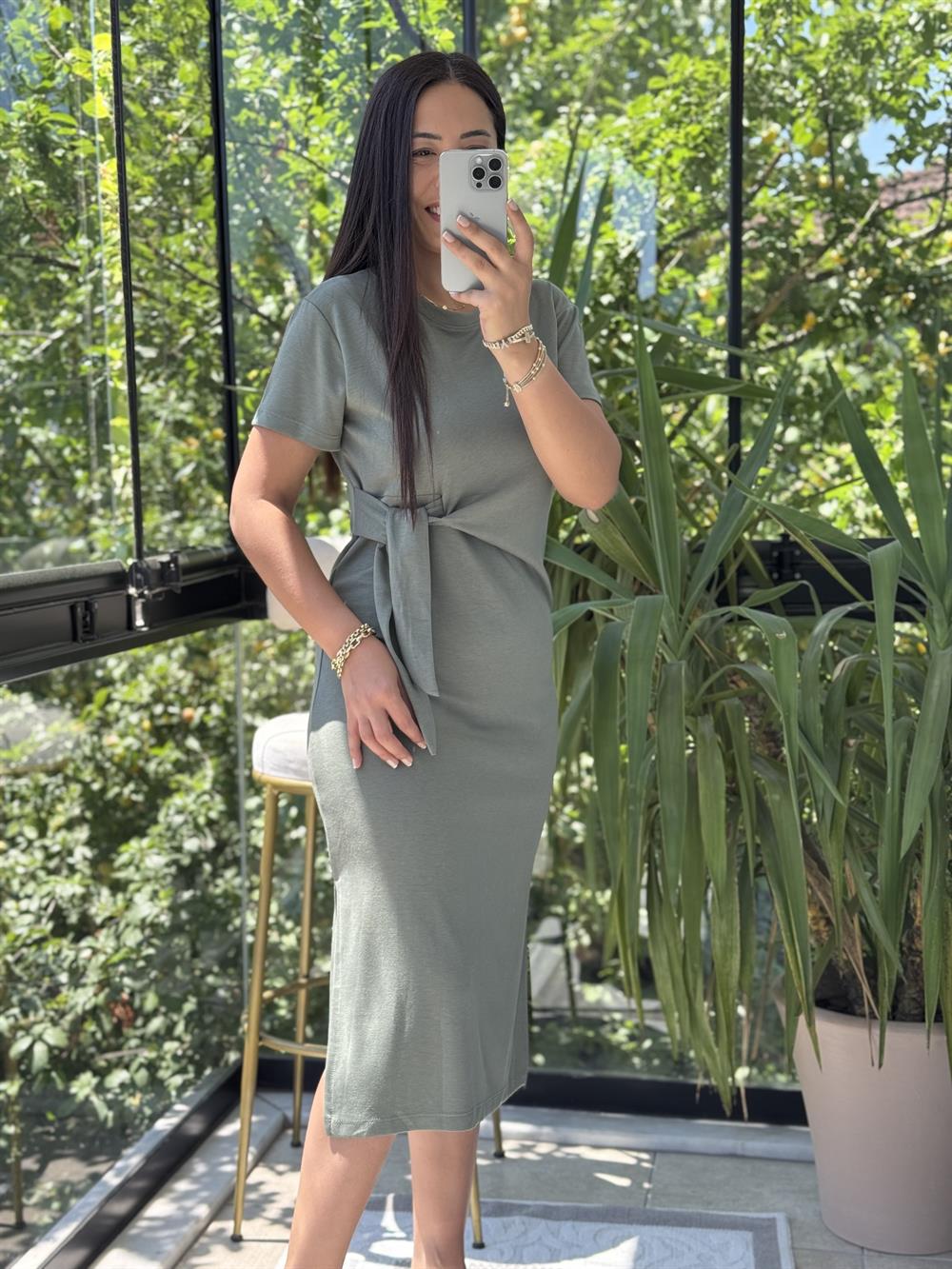 Önü Bağlama Detaylı Modal Elbise Haki Yeşili