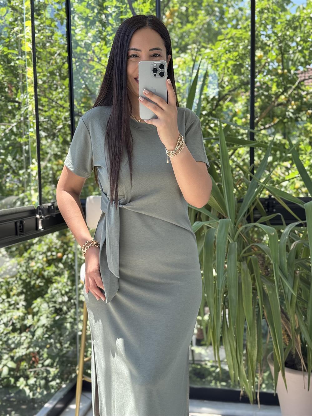 Önü Bağlama Detaylı Modal Elbise Haki Yeşili