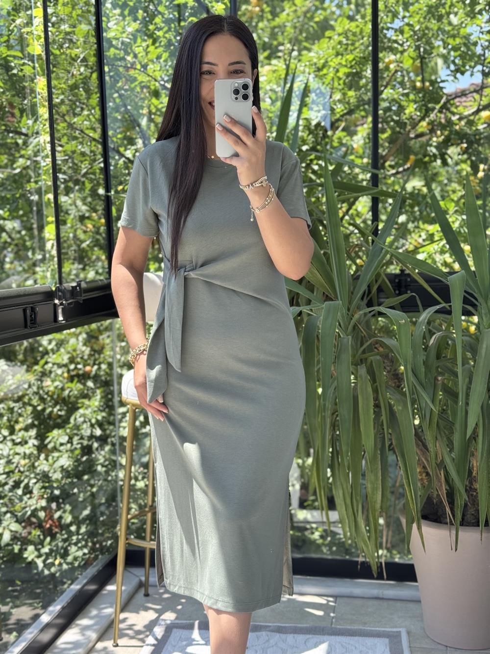 Önü Bağlama Detaylı Modal Elbise Haki Yeşili