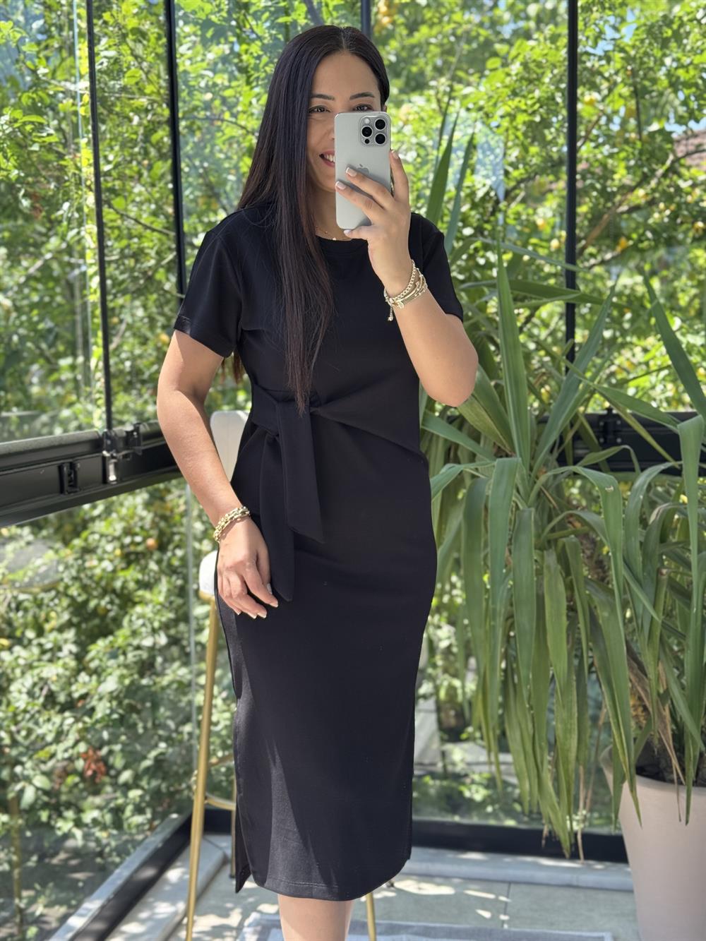 Önü Bağlama Detaylı Modal Elbise Siyah