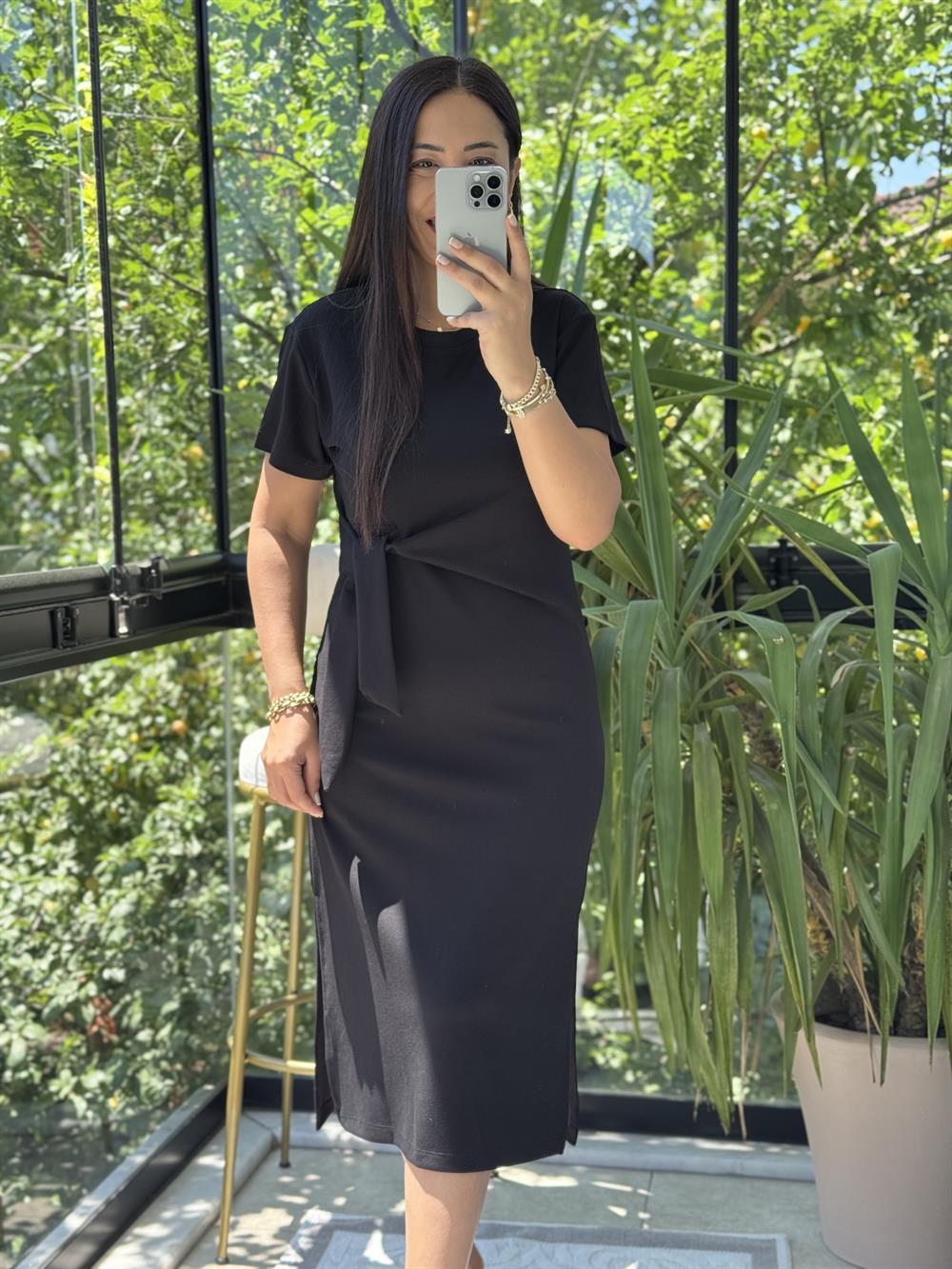 Önü Bağlama Detaylı Modal Elbise Siyah