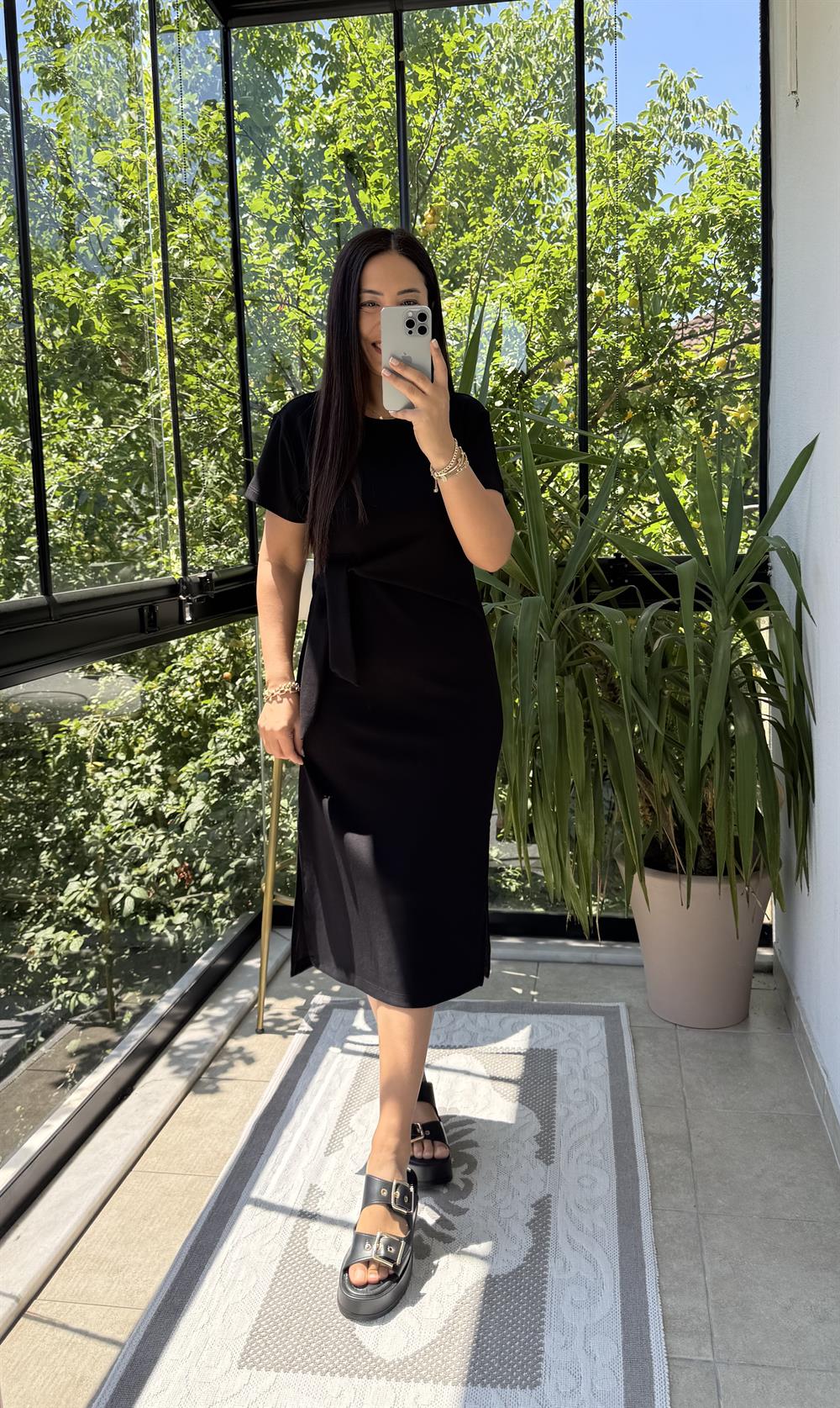 Önü Bağlama Detaylı Modal Elbise Siyah