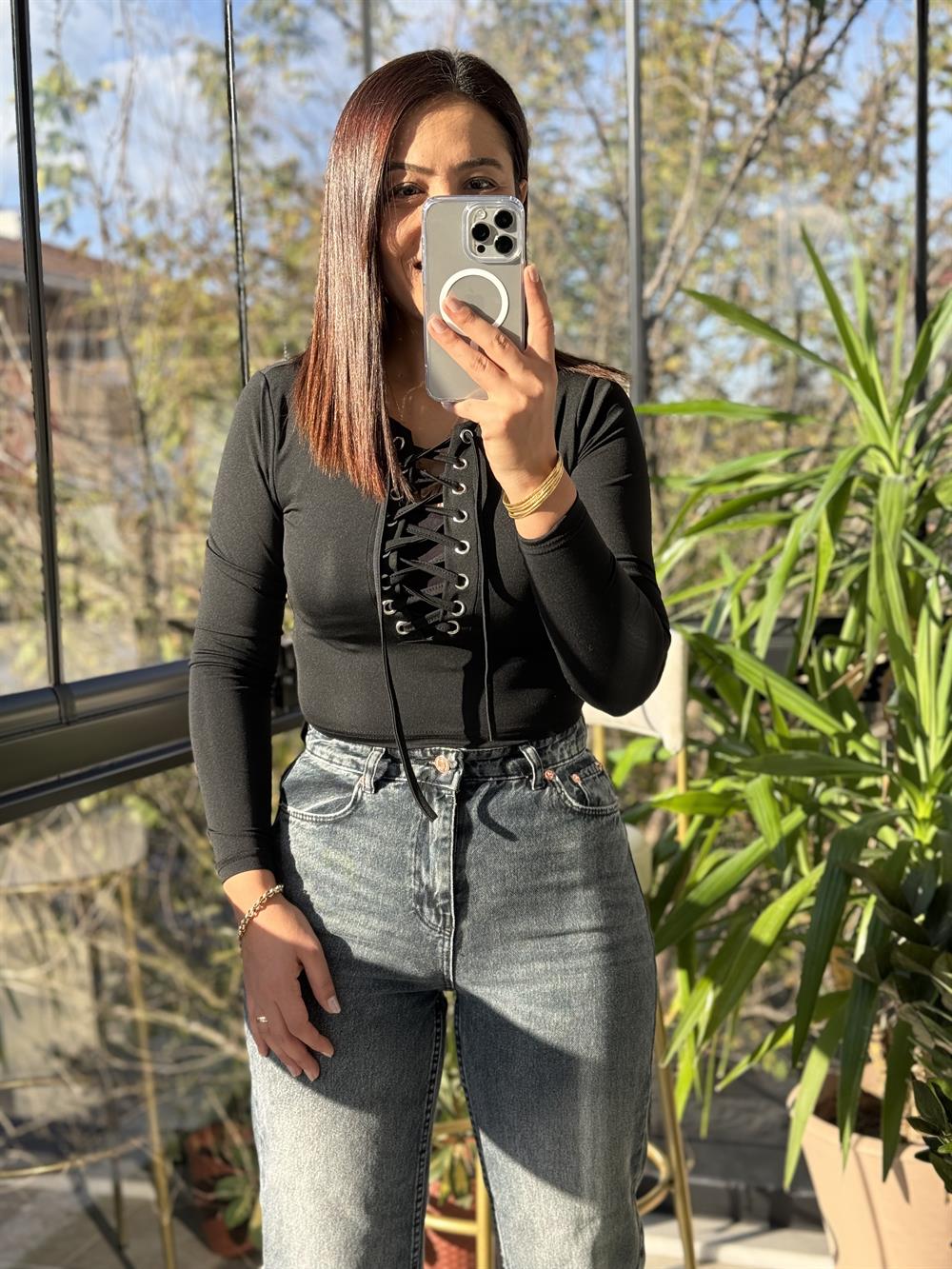 Önü Bağlamalı Crop Siyah