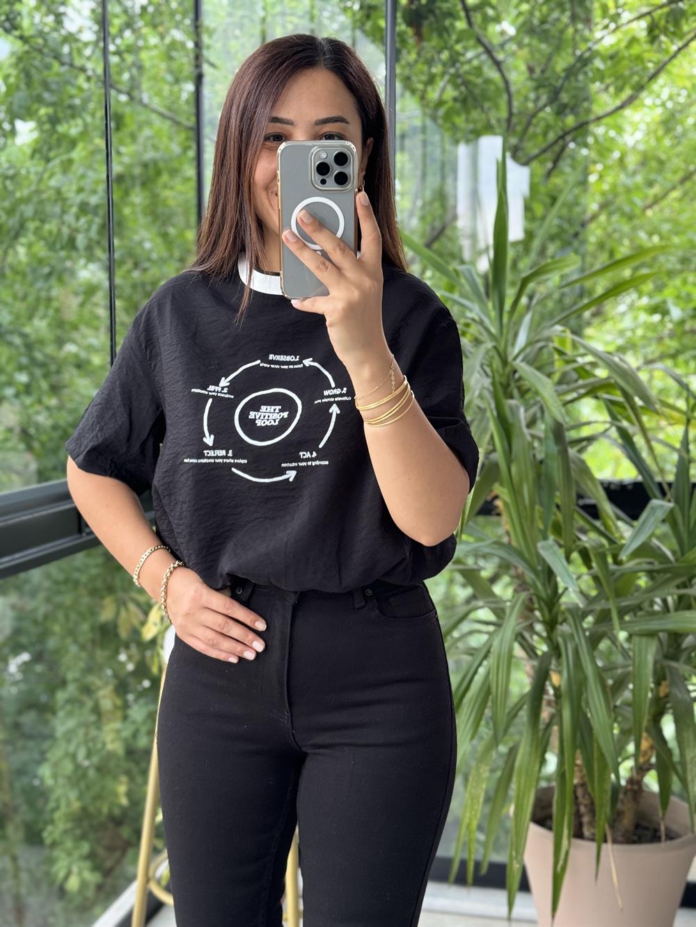 Önü Baskılı Tasarım Tişört Siyah