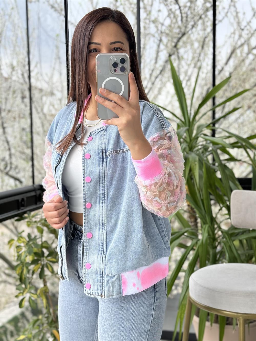 Organze Kol Batik Desen ceket Pembe