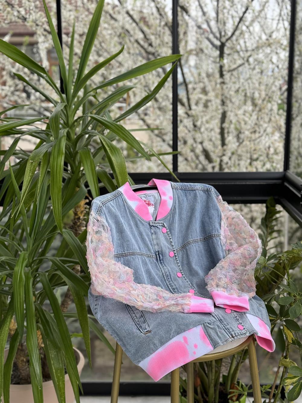 Organze Kol Batik Desen ceket Pembe