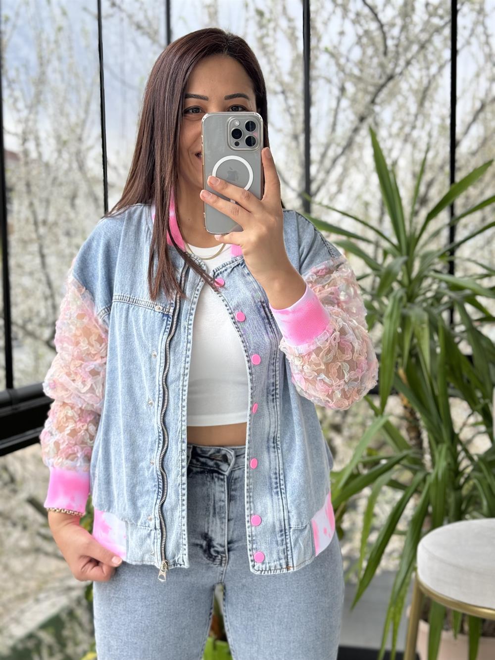 Organze Kol Batik Desen ceket Pembe