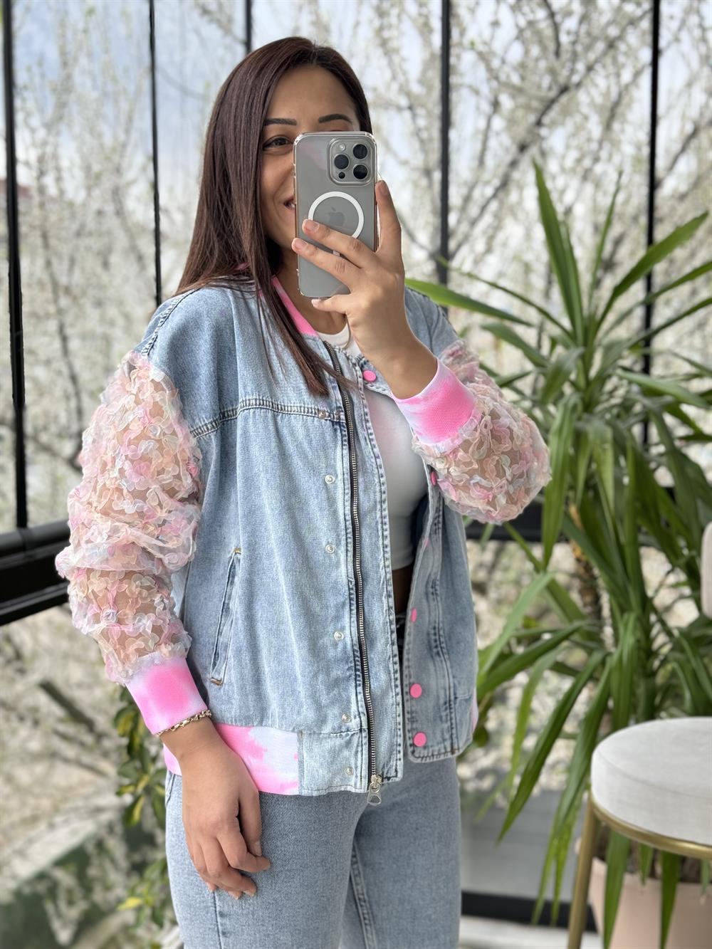 Organze Kol Batik Desen ceket Pembe