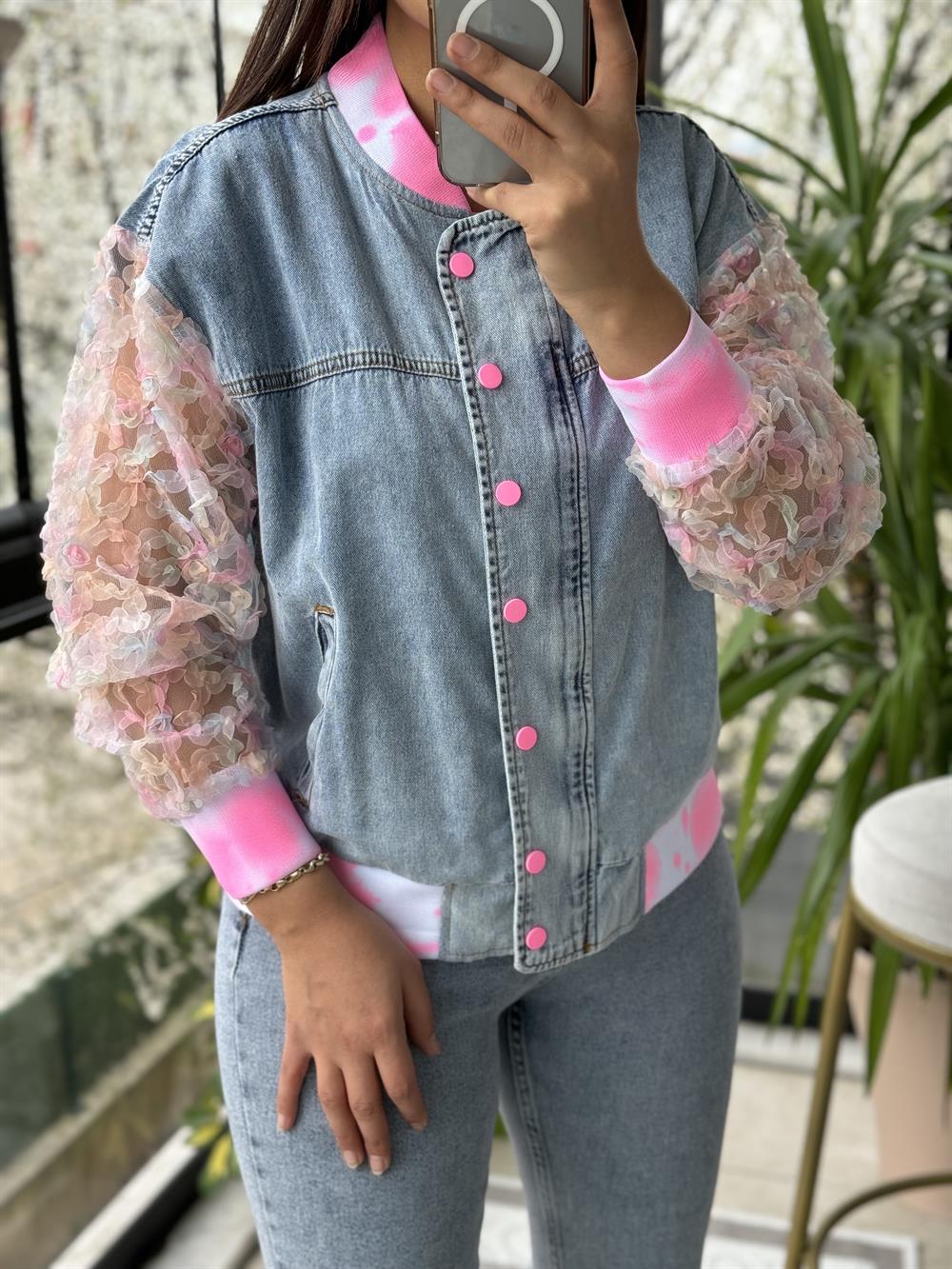 Organze Kol Batik Desen ceket Pembe