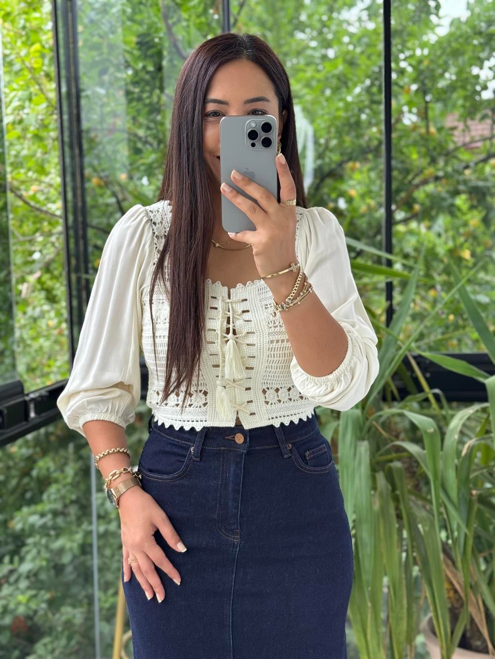 Örme Crop Bluz Krem