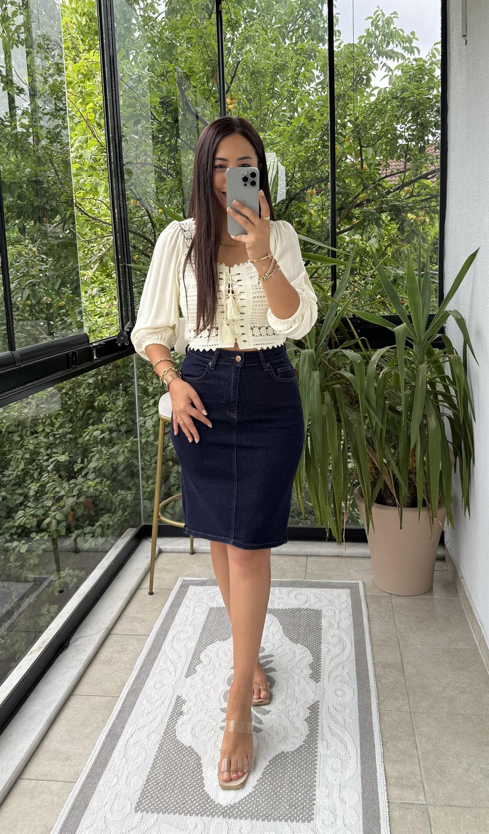 Örme Crop Bluz Krem