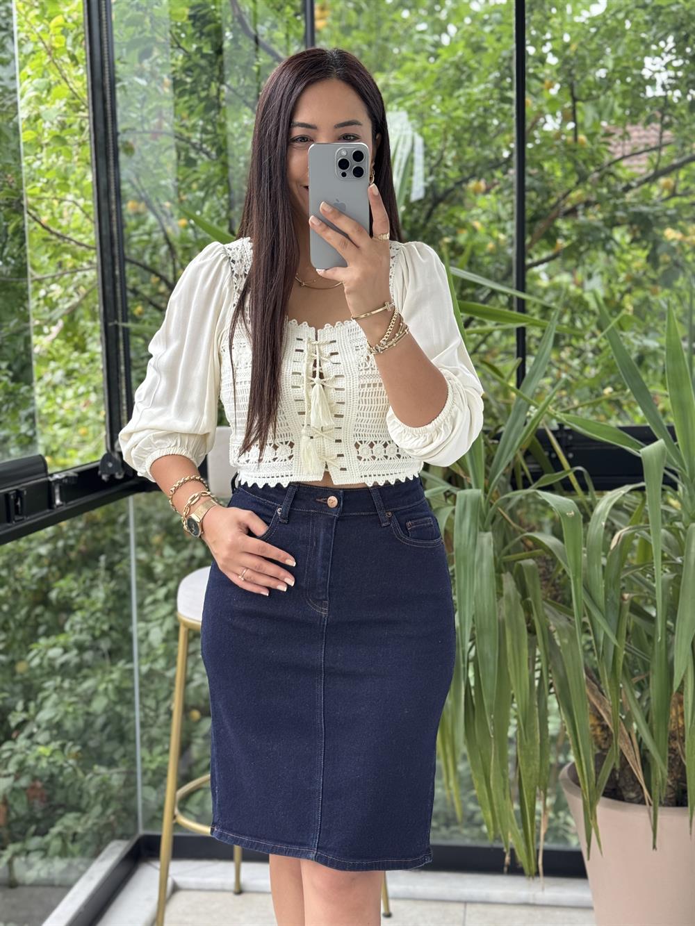 Örme Crop Bluz Krem