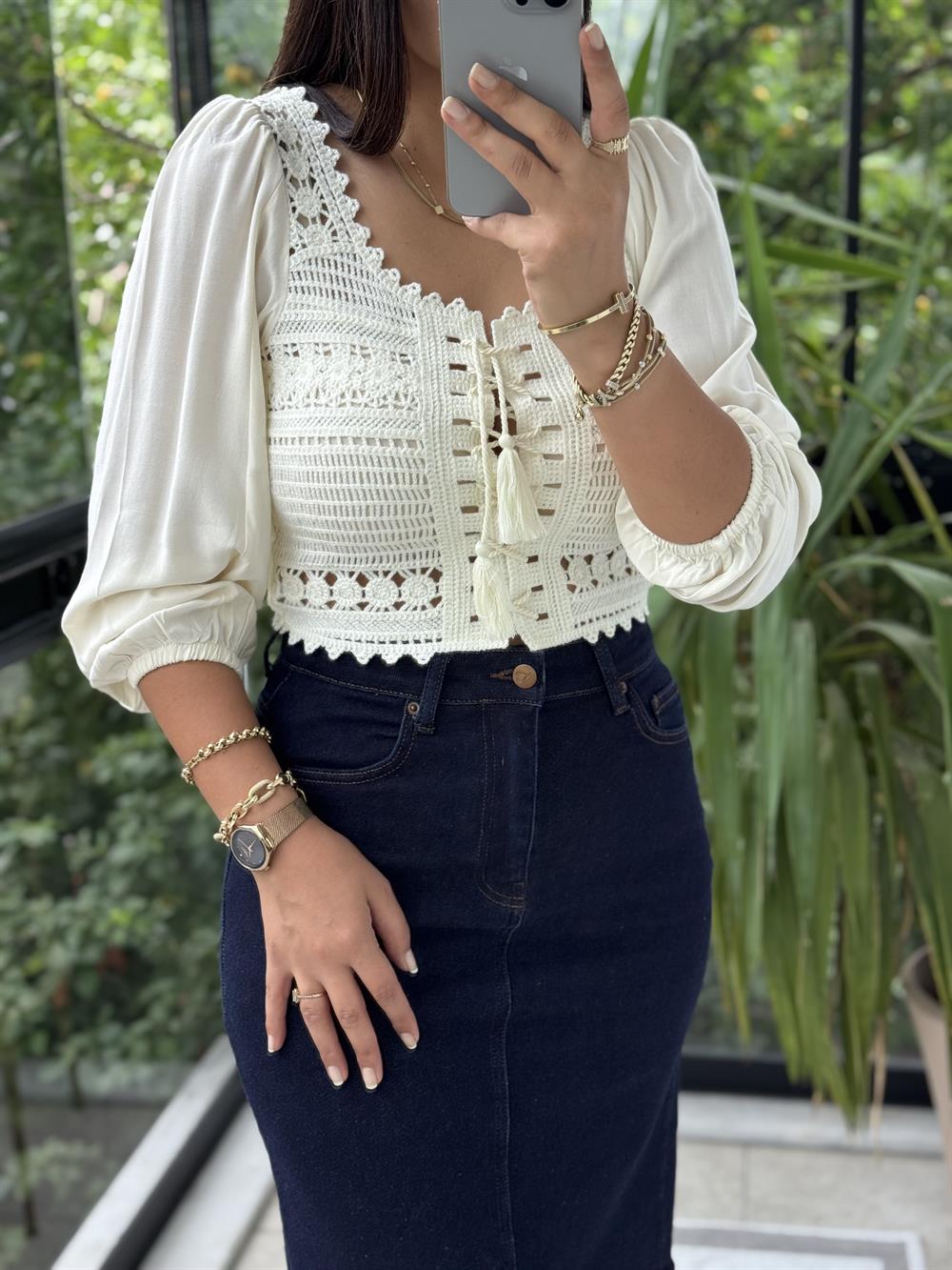 Örme Crop Bluz Krem