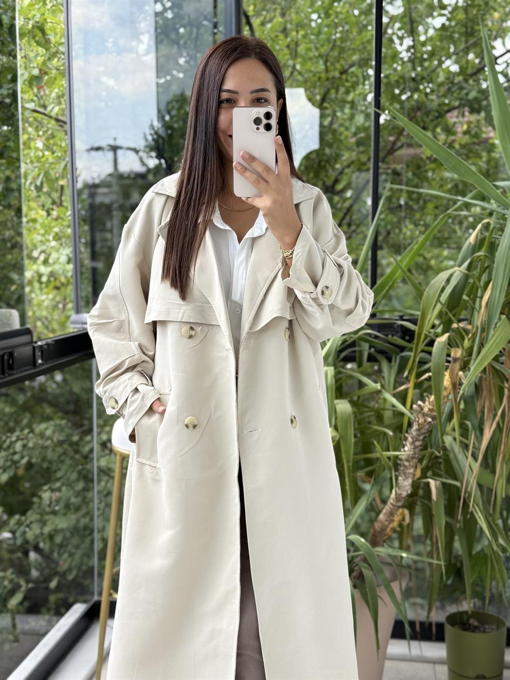 Oversize Kuşaklı Trenç Taş