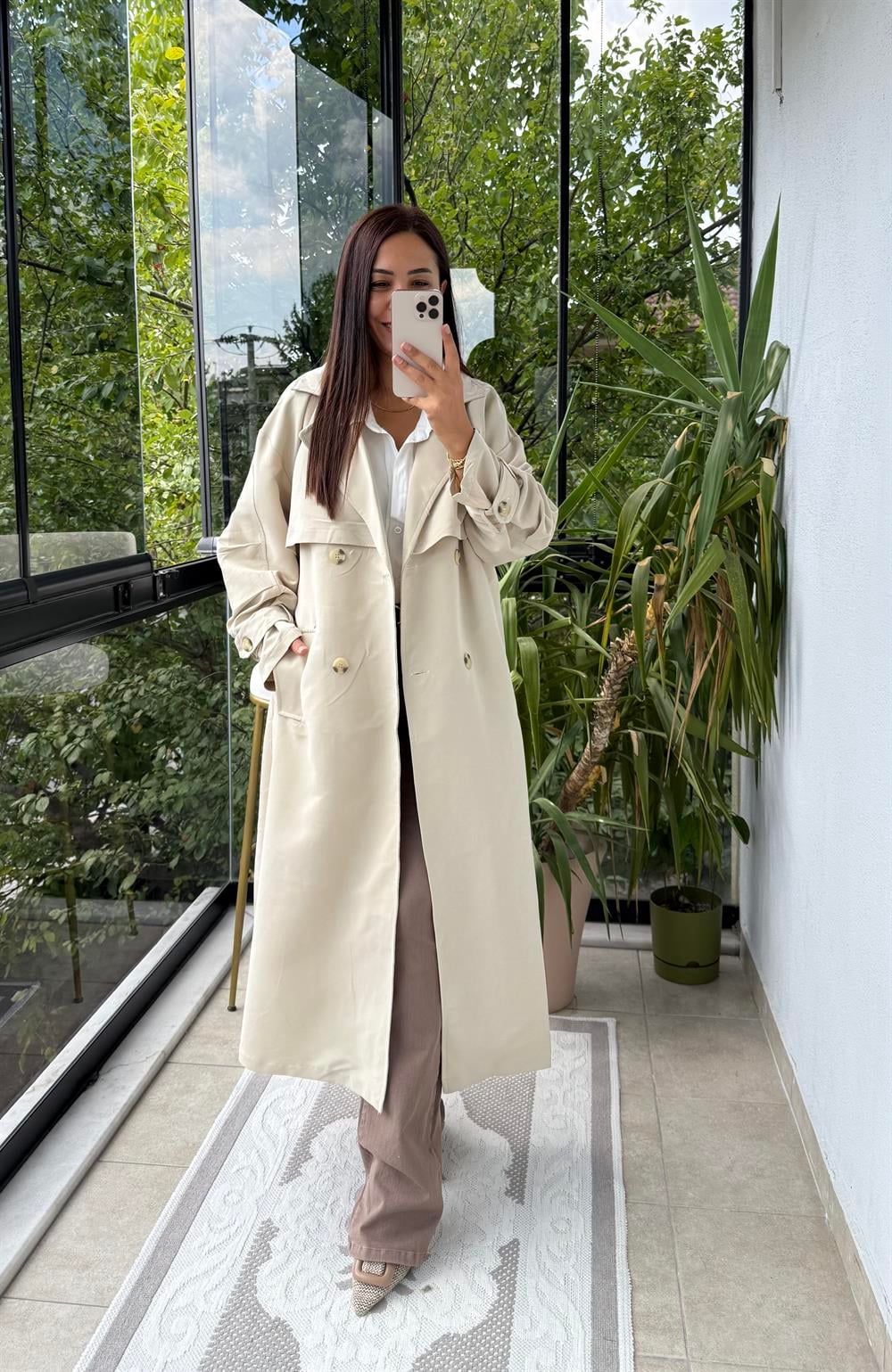 Oversize Kuşaklı Trenç Taş