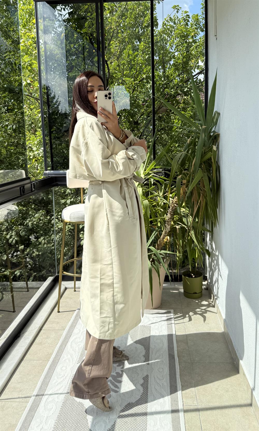 Oversize Kuşaklı Trenç Taş