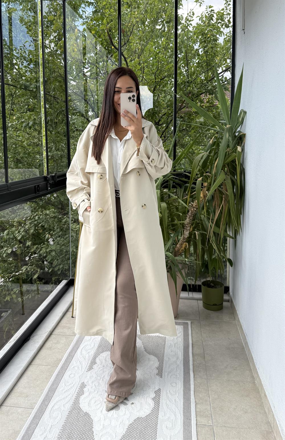 Oversize Kuşaklı Trenç Taş