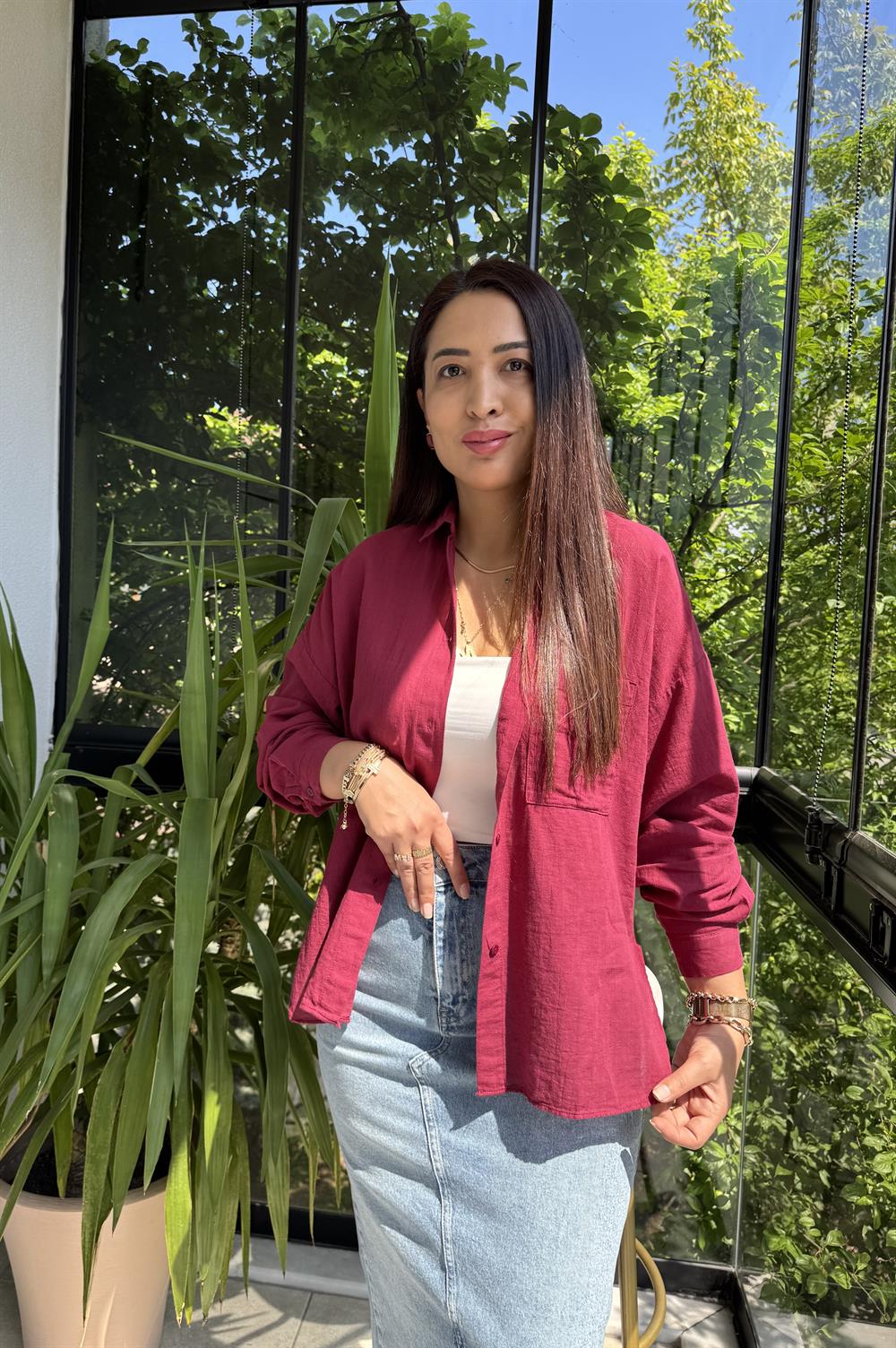 Oversize Natural Pamuklu Gömlek Bordo