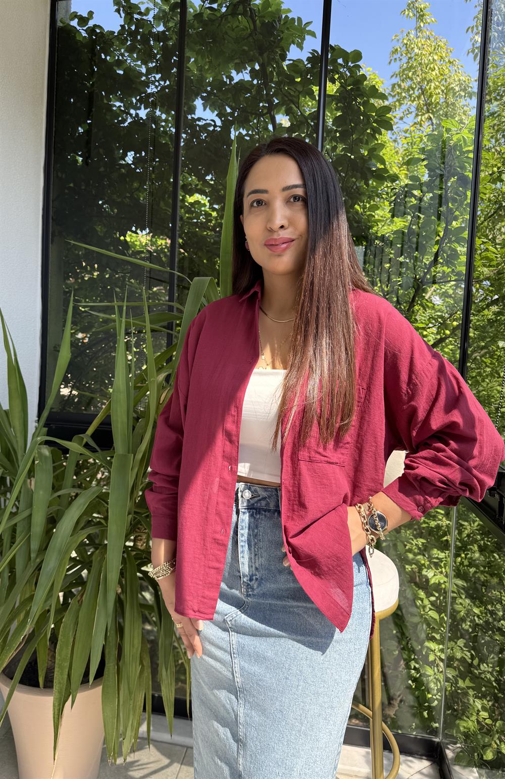 Oversize Natural Pamuklu Gömlek Bordo