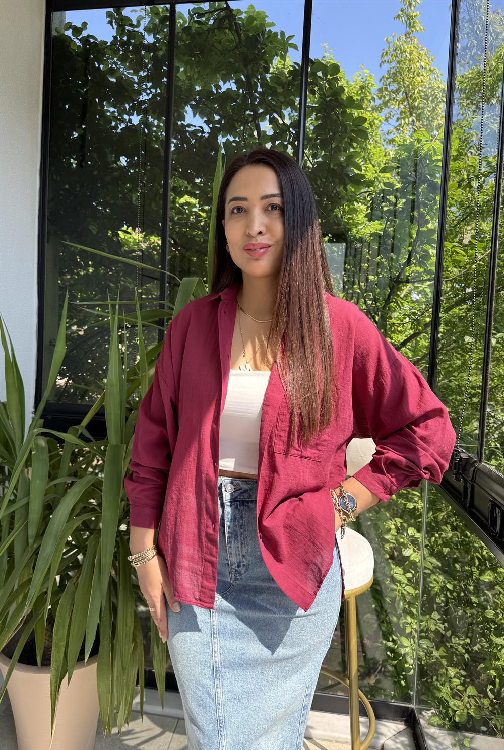 Oversize Natural Pamuklu Gömlek Bordo