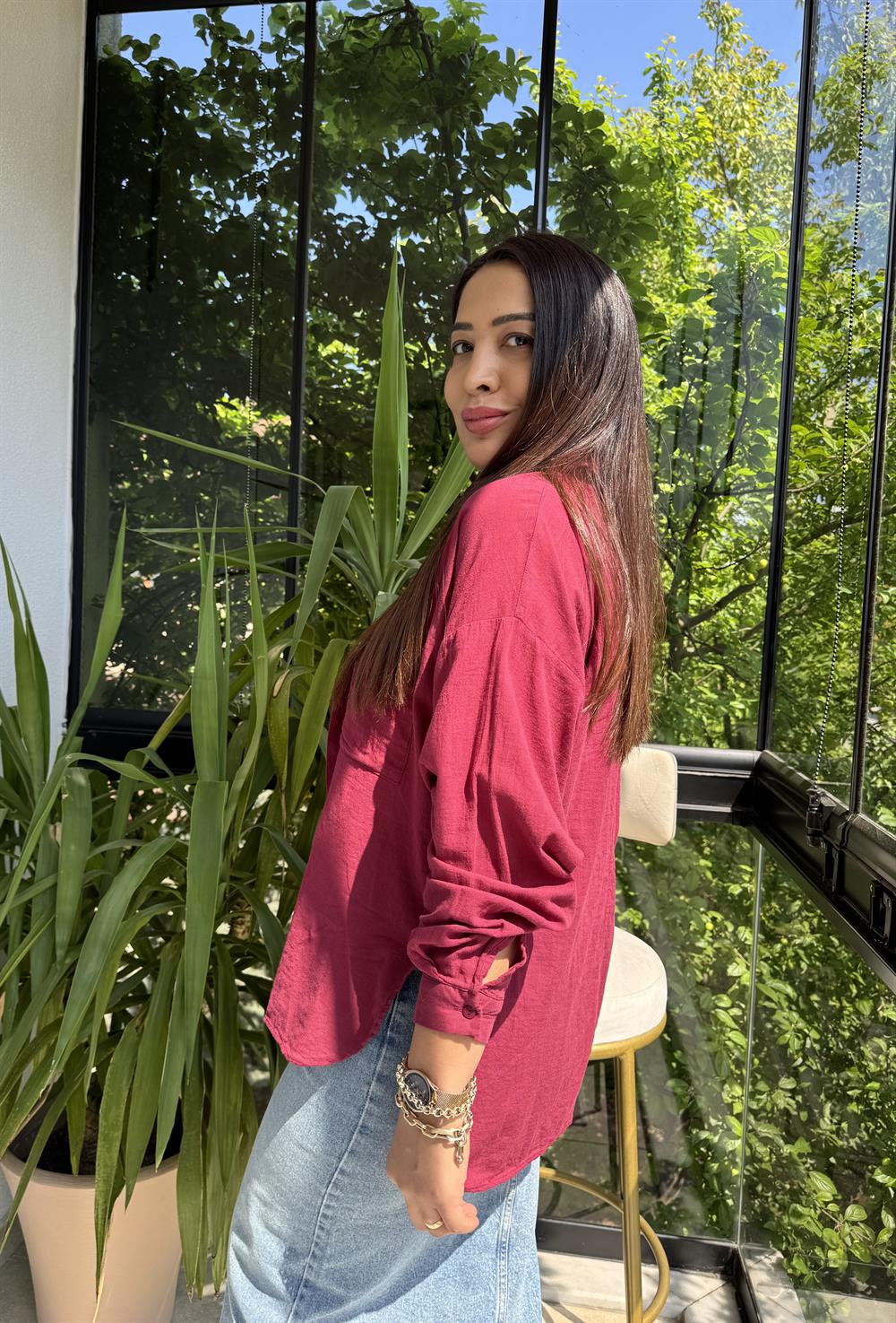 Oversize Natural Pamuklu Gömlek Bordo