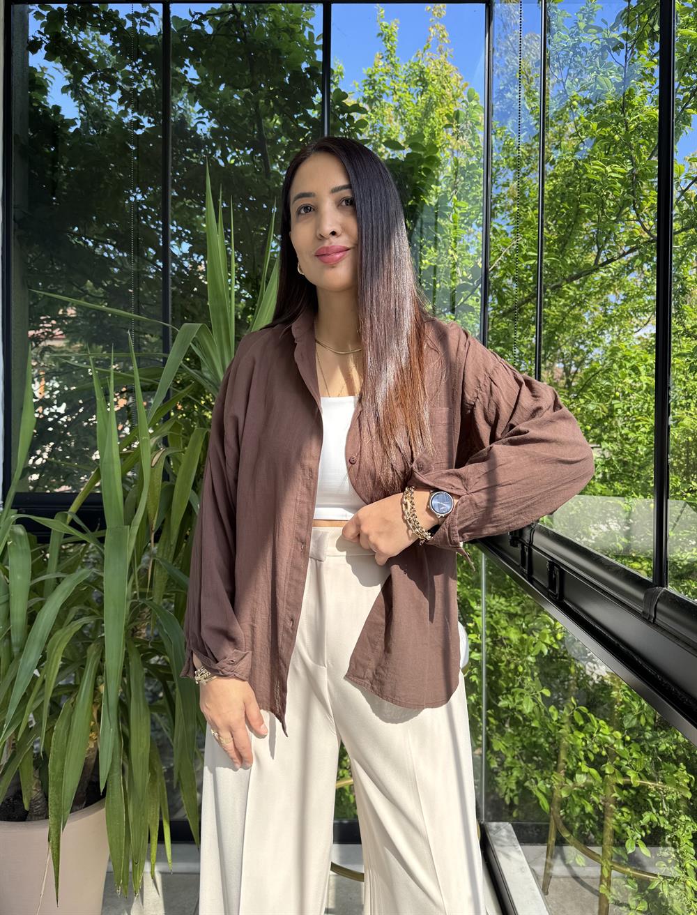 Oversize Natural Pamuklu Gömlek Kahve