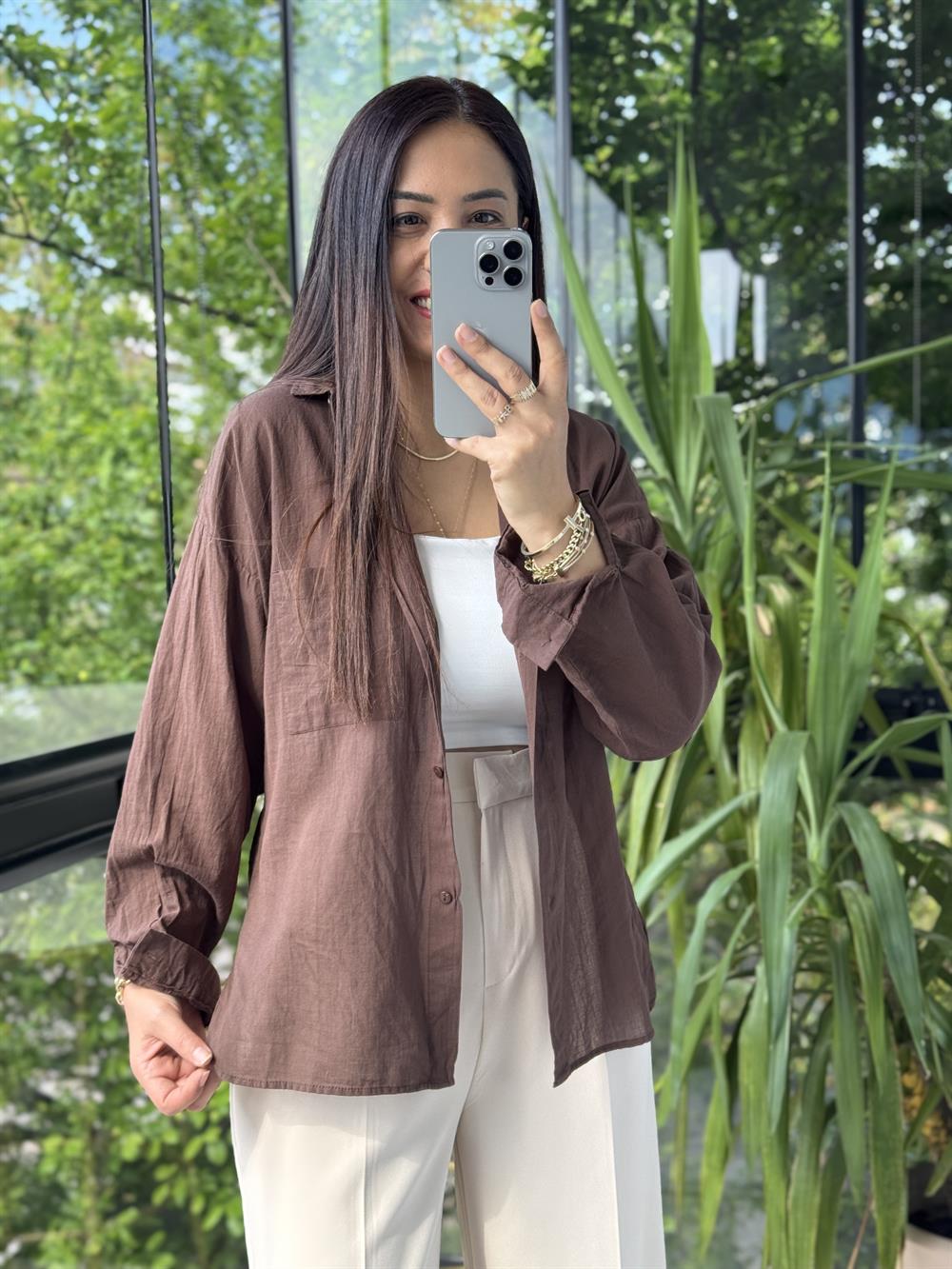 Oversize Natural Pamuklu Gömlek Kahve
