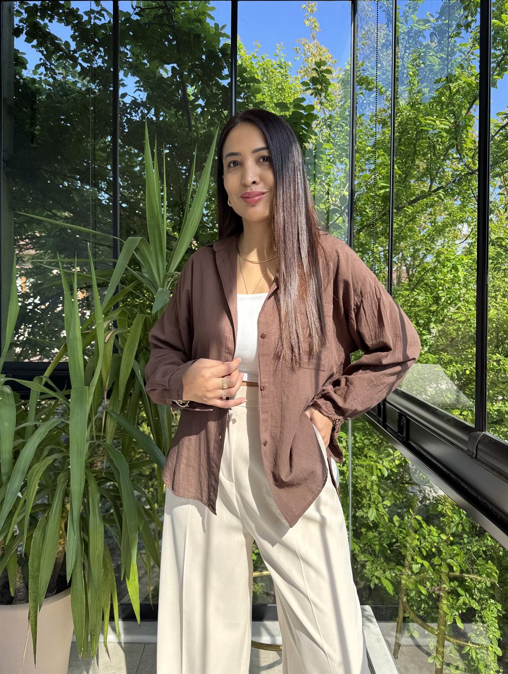 Oversize Natural Pamuklu Gömlek Kahve