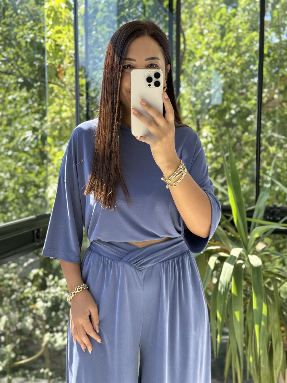 Oversize Oysh Kumaş Tişört İndigo Mavi