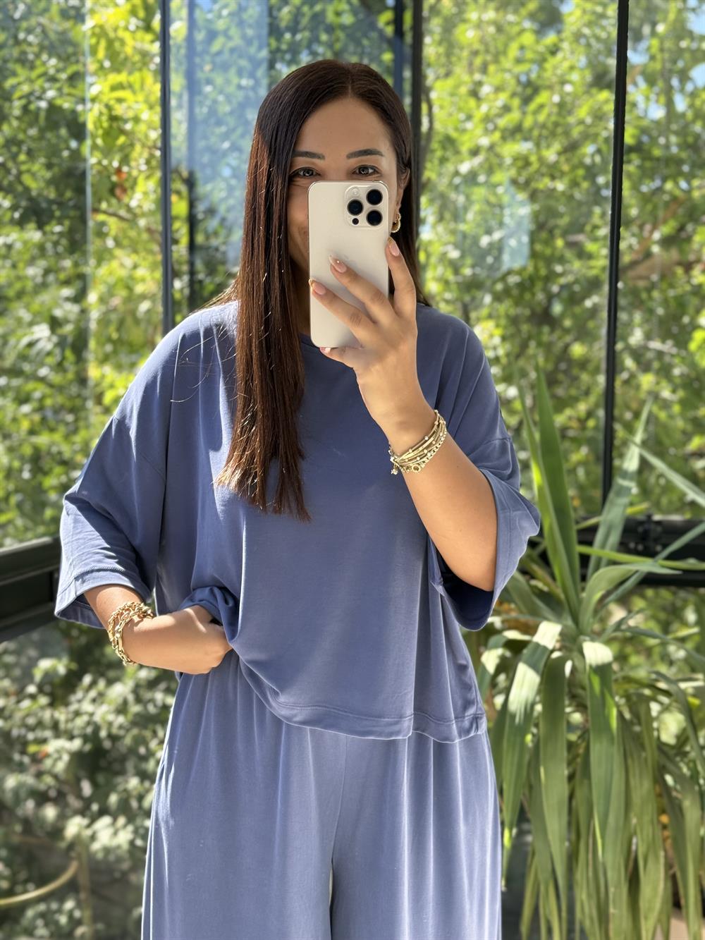 Oversize Oysh Kumaş Tişört İndigo Mavi