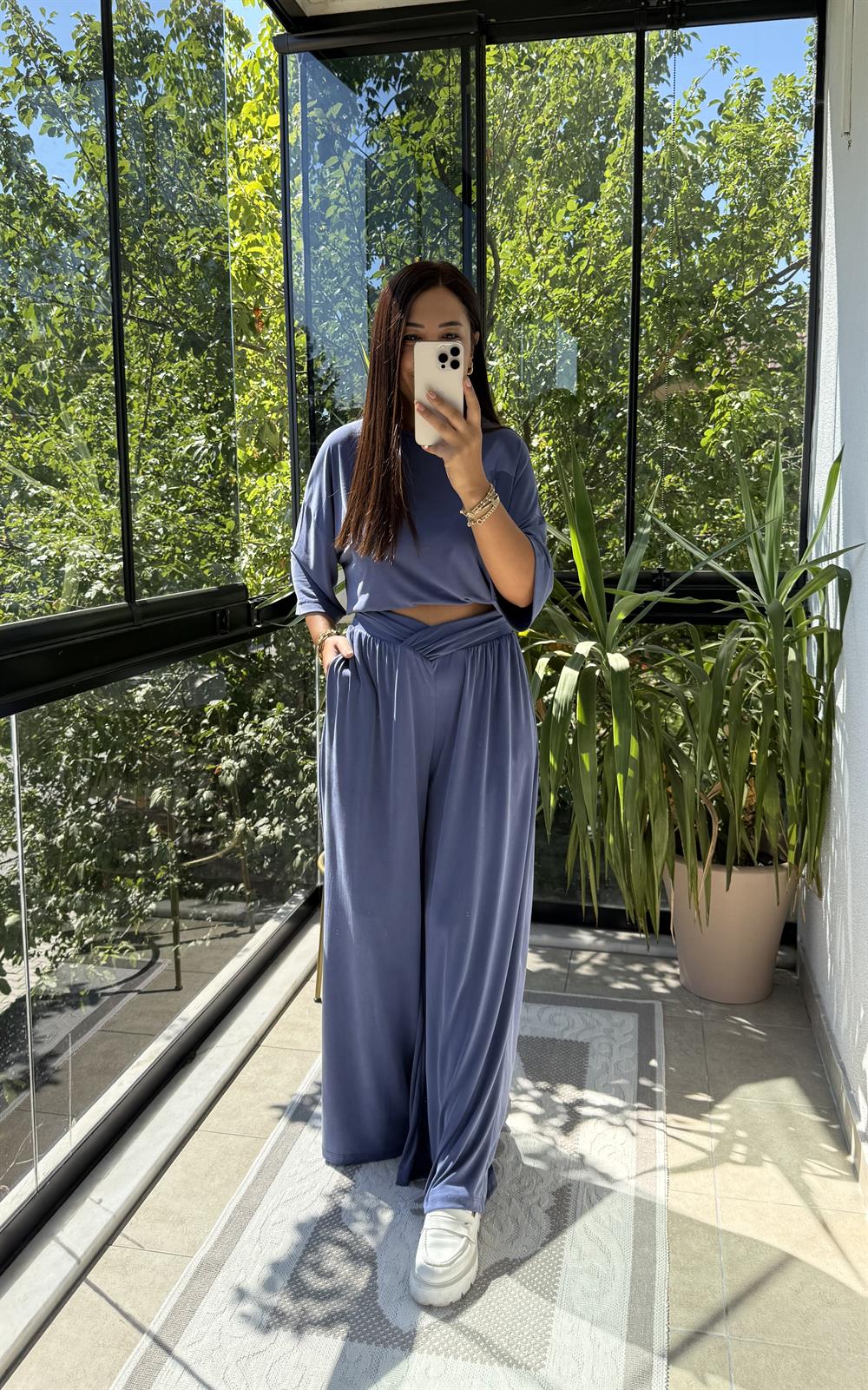 Oversize Oysh Kumaş Tişört İndigo Mavi