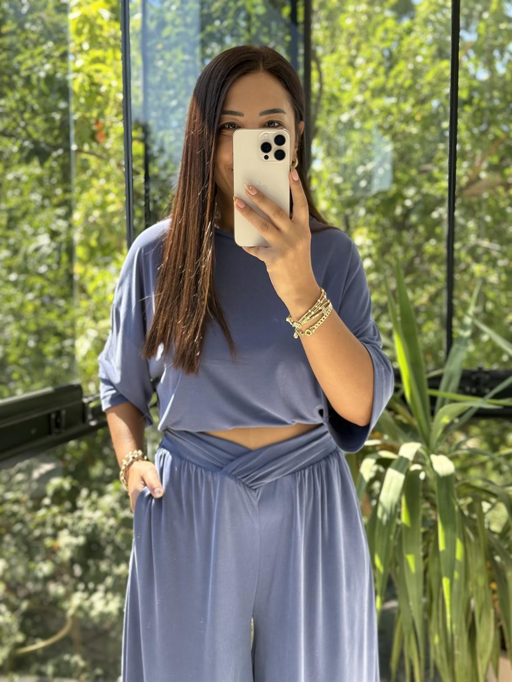 Oversize Oysh Kumaş Tişört İndigo Mavi