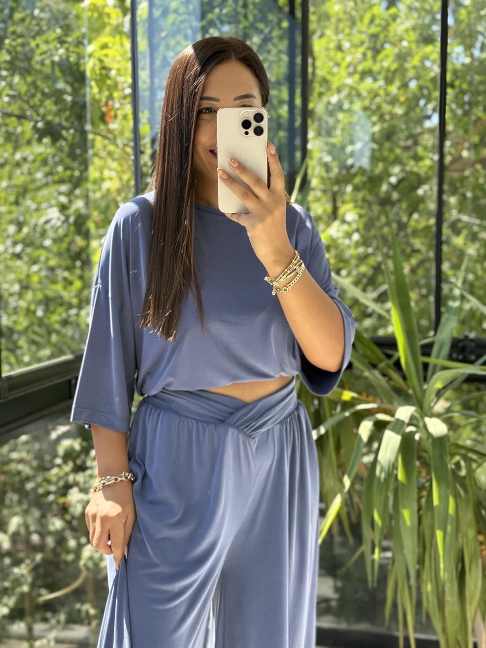 Oversize Oysh Kumaş Tişört İndigo Mavi