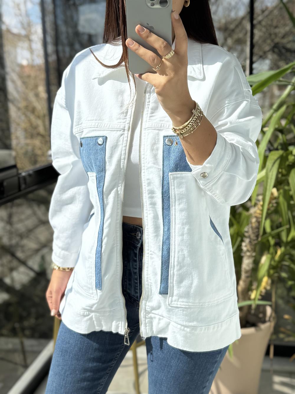 Oversize Vintage Ceket Yağmurluk Beyaz