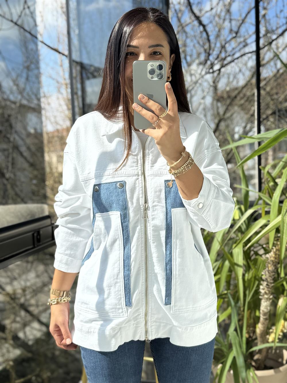 Oversize Vintage Ceket Yağmurluk Beyaz