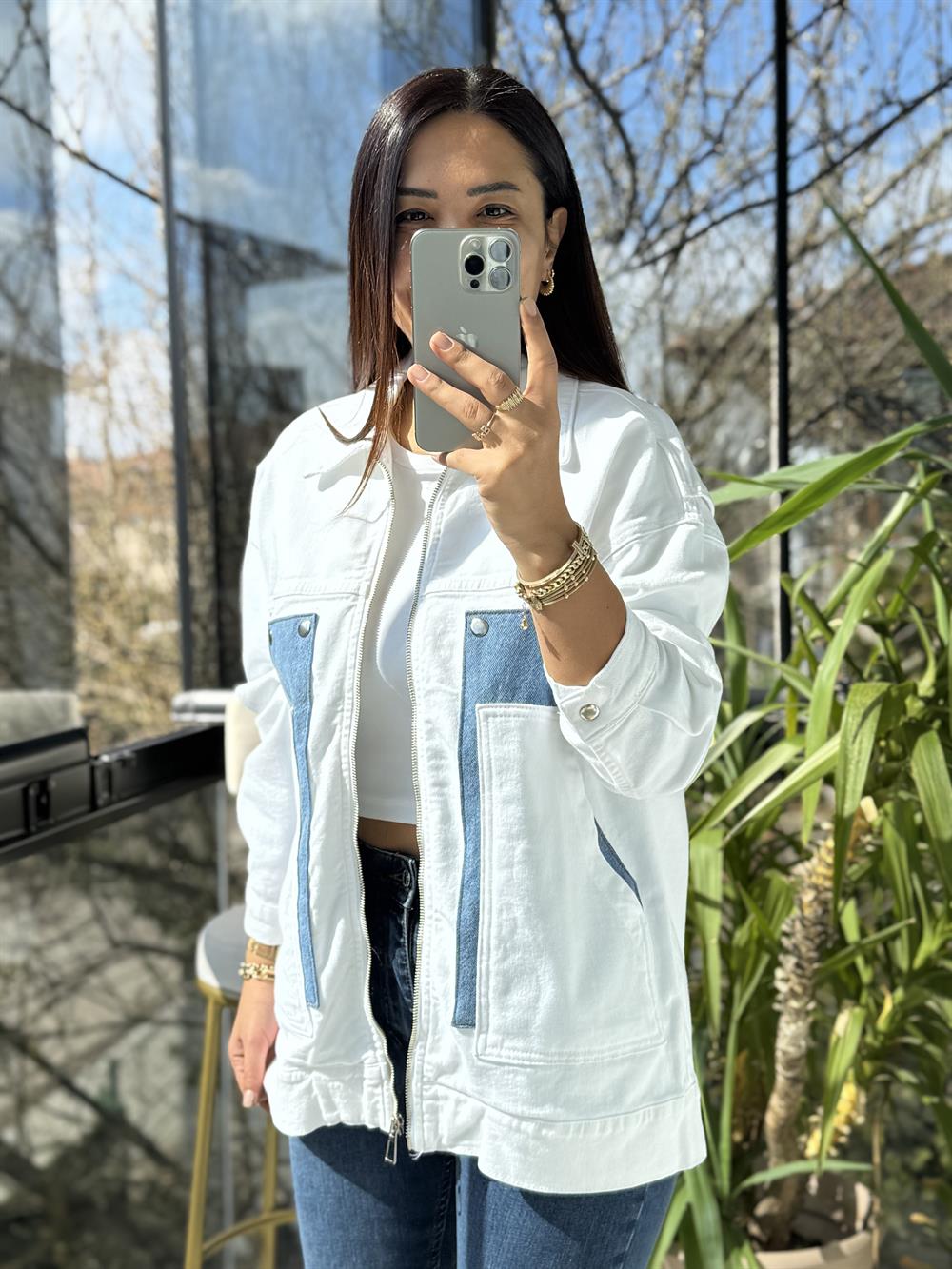 Oversize Vintage Ceket Yağmurluk Beyaz