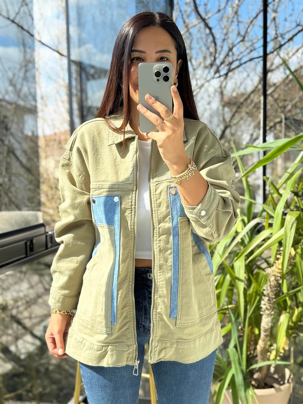 Oversize Vintage Ceket Yağmurluk Haki Yeşili