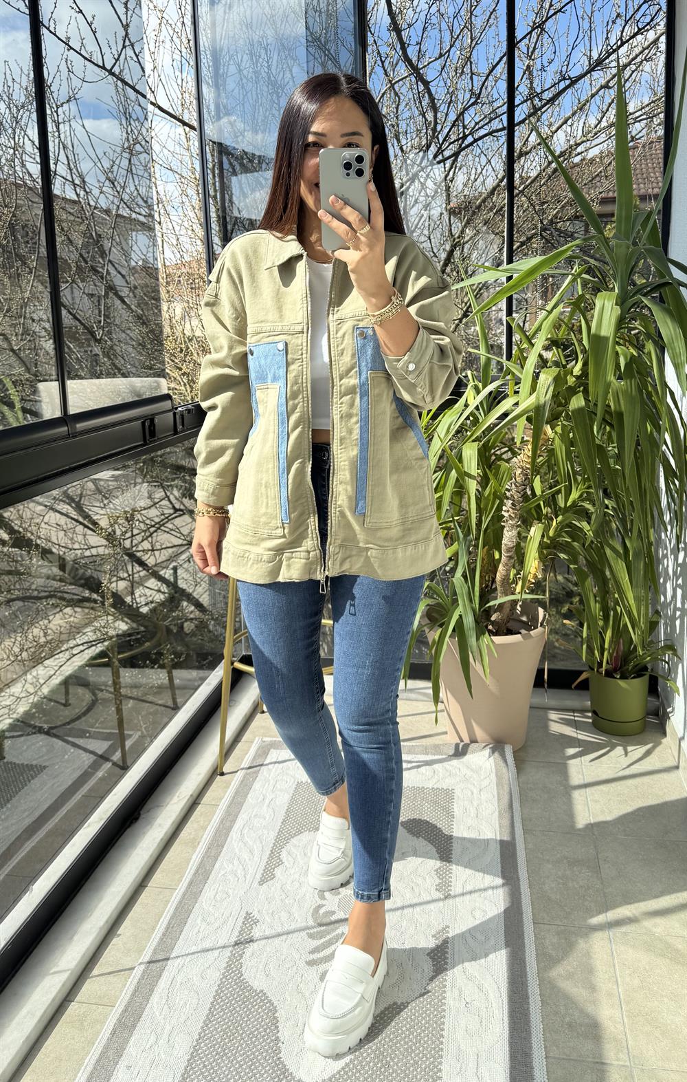 Oversize Vintage Ceket Yağmurluk Haki Yeşili